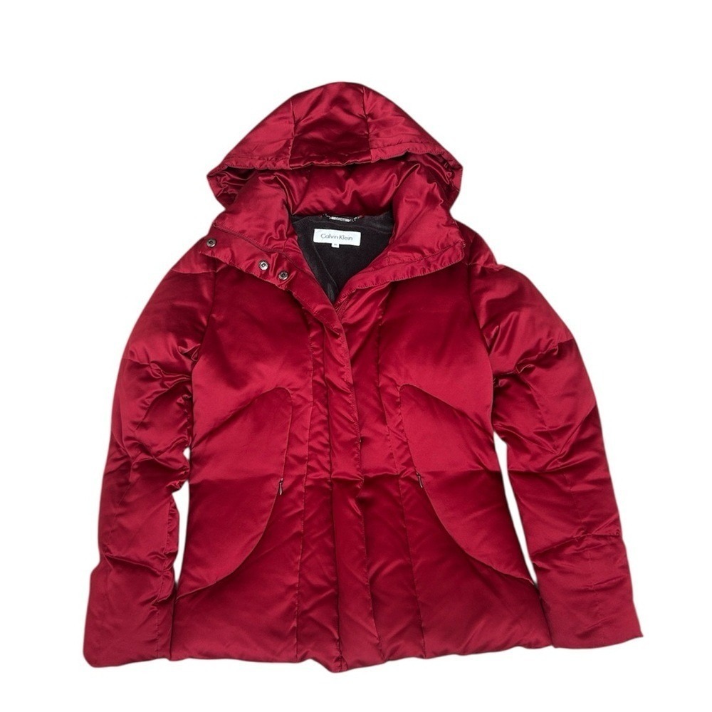 Calvin Klein‎ Womens Red Hooded Down Puffer Jacket XS Shiny Satin Winter Coat